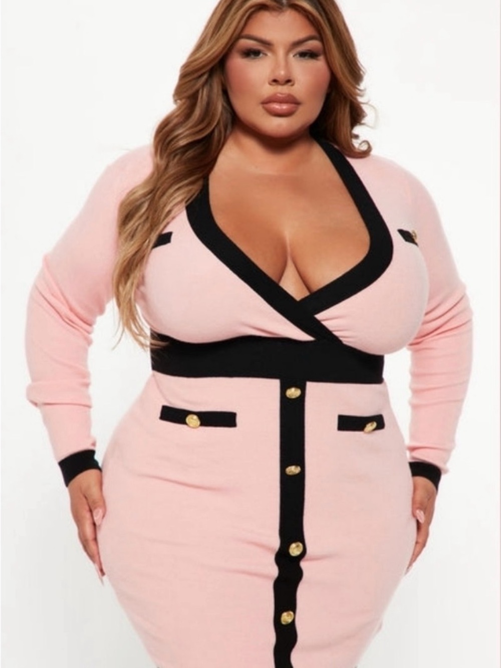 Fashion Nova Pink V-Neck Sweater Dress with Black Trim